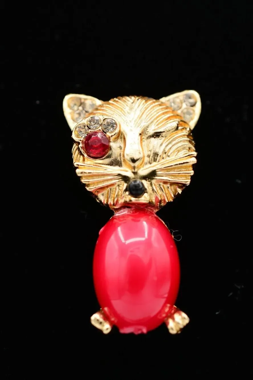 Vintage Winking Cat Pin Brooch Kissy Face Cabochon Crystal Gold 1980s BinATa